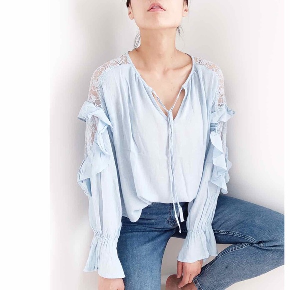 Boho Ruffles Long Sleeve Blouse in Light Blue - Effortlessly Chic and Versatile - Picture 3 of 8